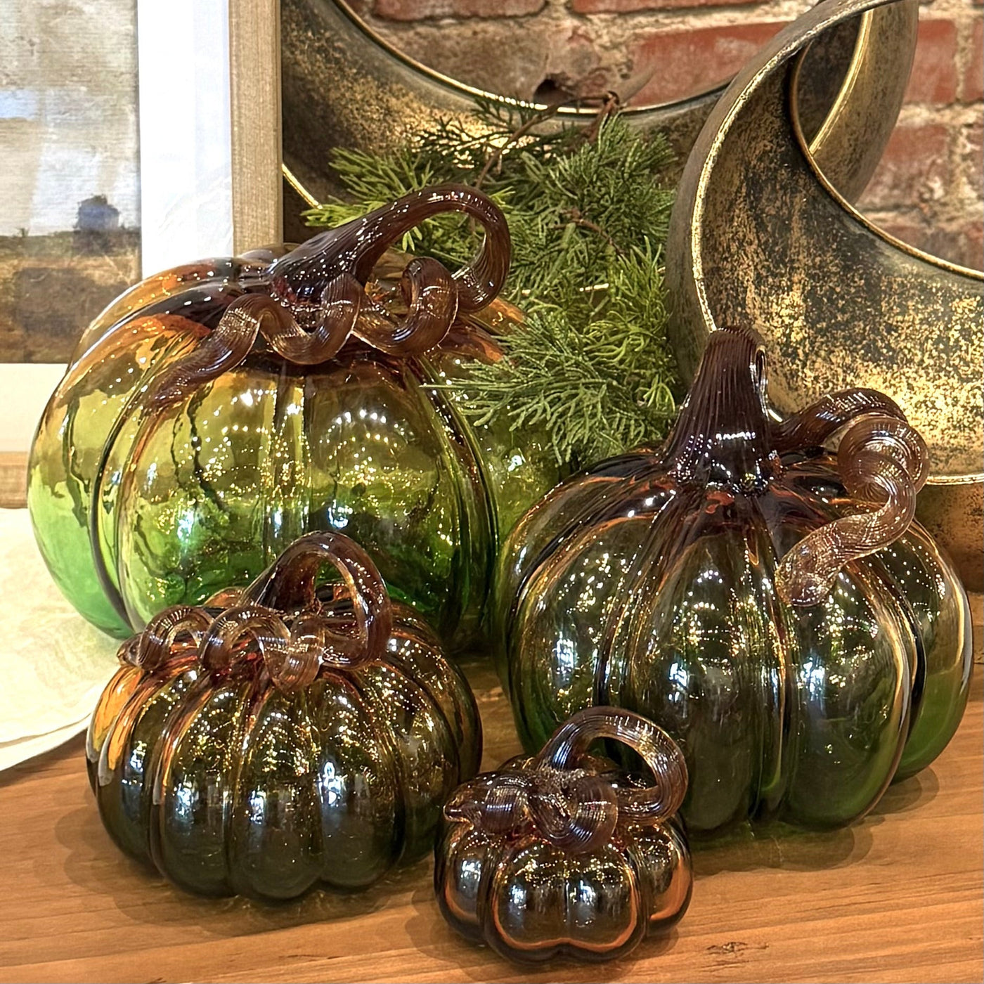 Green & Amber Handblown Glass Pumpkin
