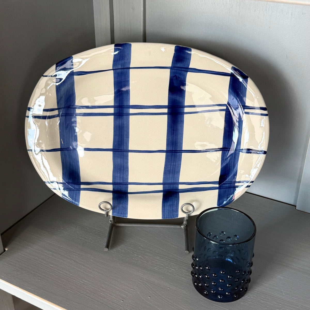 Navy Plaid Hand-Painted Stoneware Platter