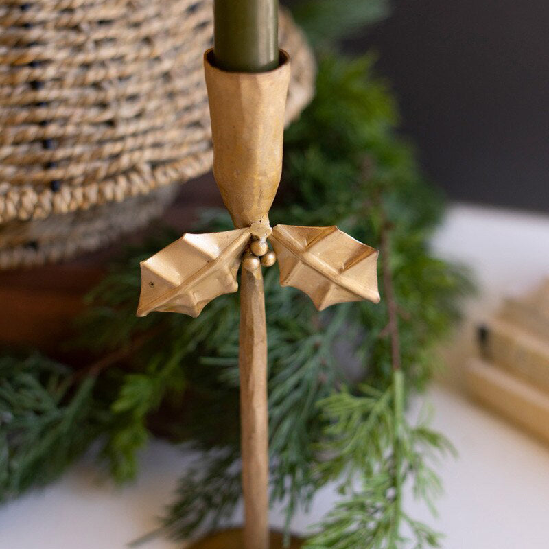 Forged-Iron Antique Gold Holly Taper Holder