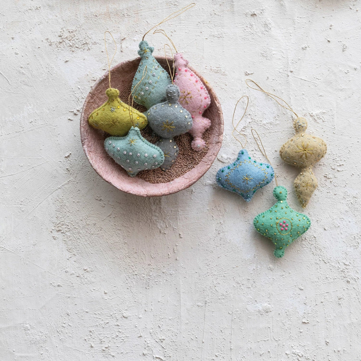 Assorted Handmade Wool Felt Ornament w/ Embroidery, Sequins & Beads