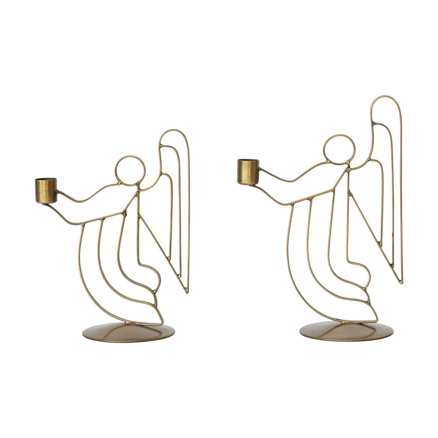 Angel Metal Taper Holders, Antique Brass Finish, Set of Two