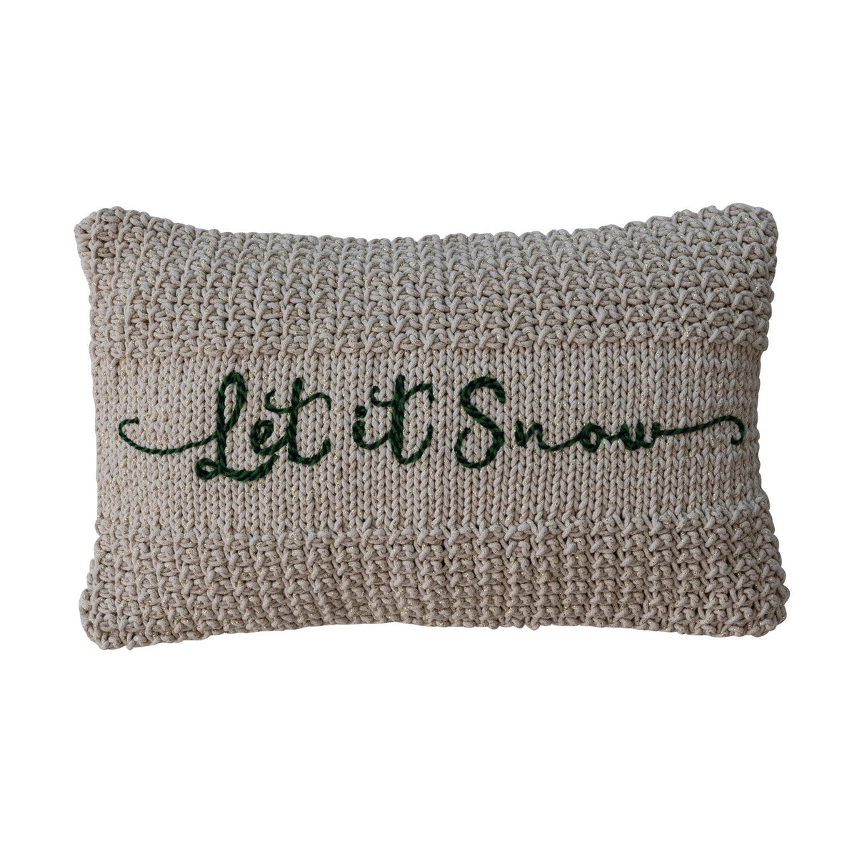"Let It Snow" Green Embroidered Cotton Knit Lumbar Pillow w/ Metallic Gold