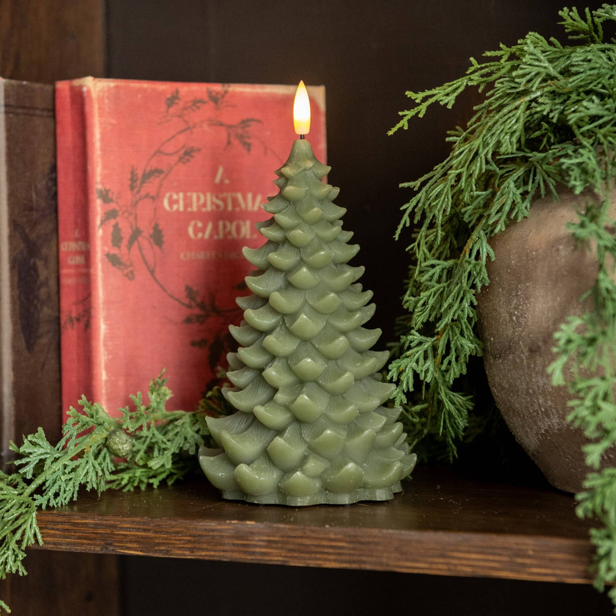 Dark Green Balsam Tree LED Candle w/ 3D Flame | Two Sizes