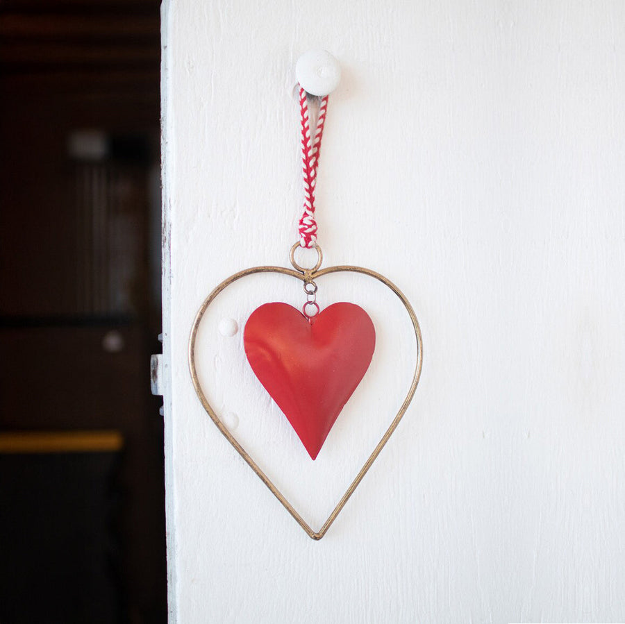 Antique Brass and Red Heart Door Hanger