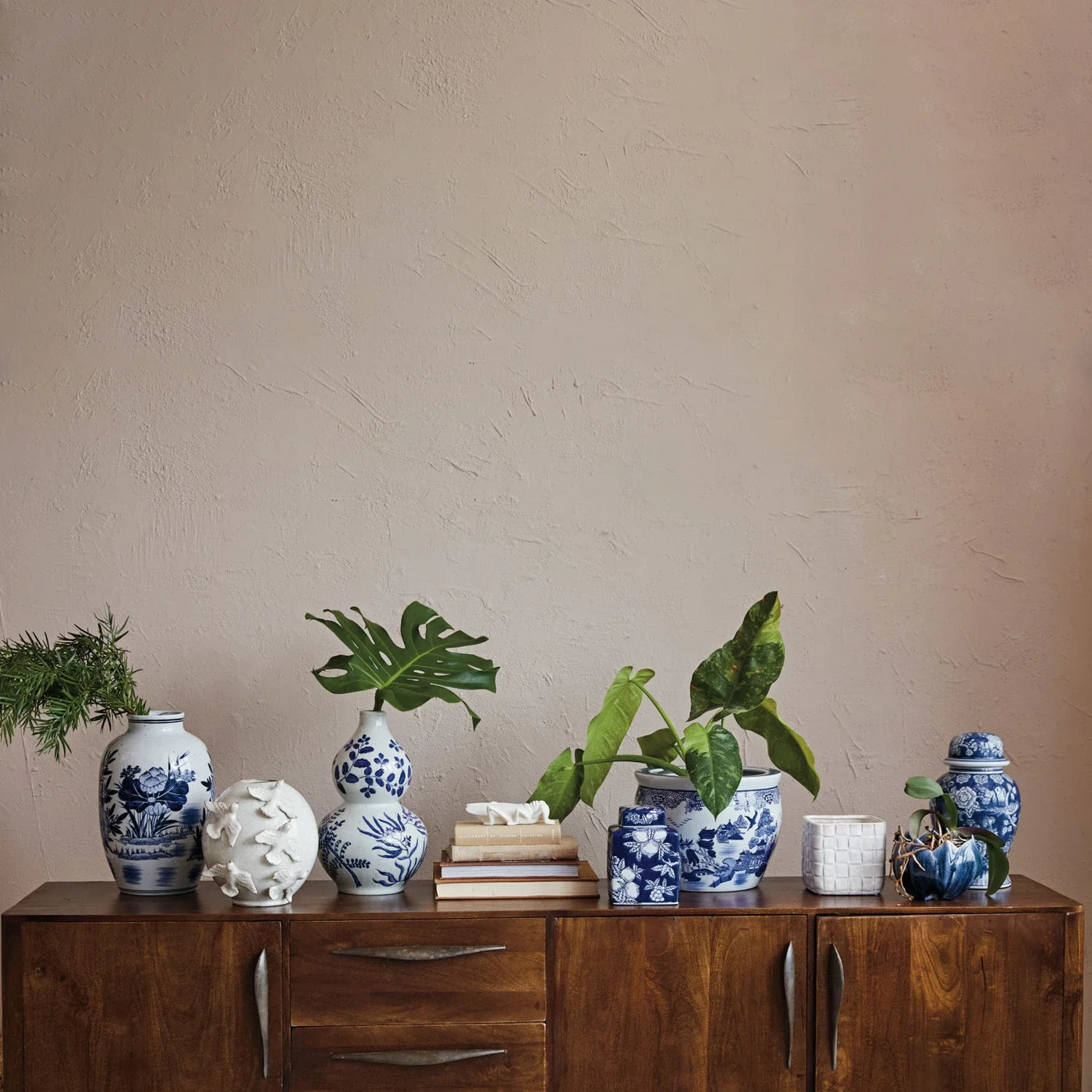 Hand-Painted Stoneware Vase White with Blue Florals