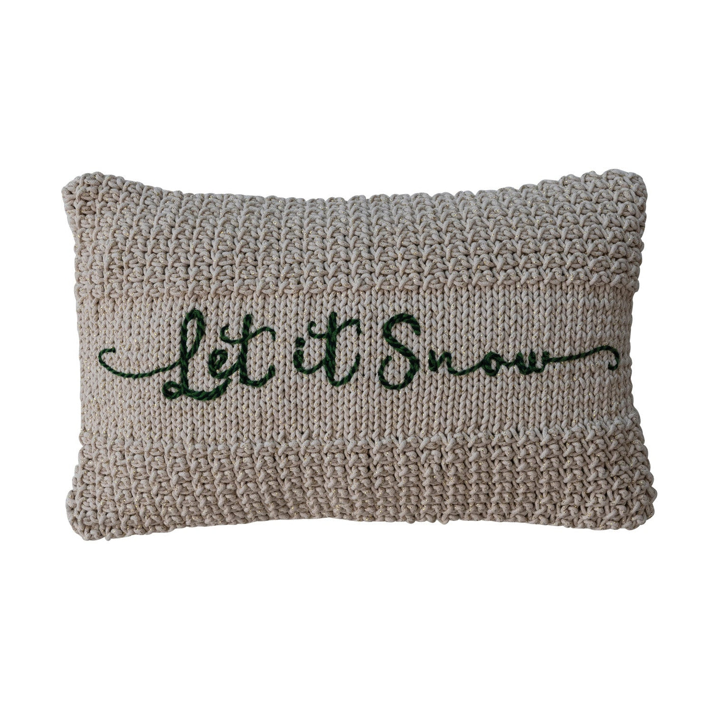 "Let It Snow" Green Embroidered Cotton Knit Lumbar Pillow w/ Metallic Gold