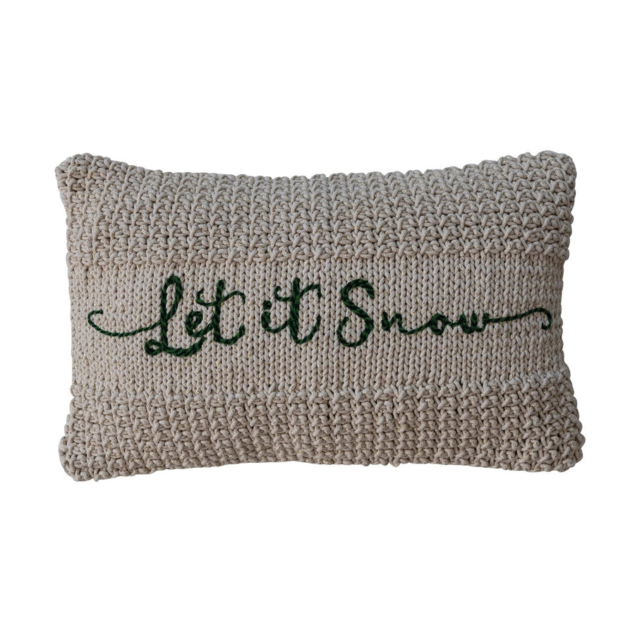 "Let It Snow" Green Embroidered Cotton Knit Lumbar Pillow w/ Metallic Gold